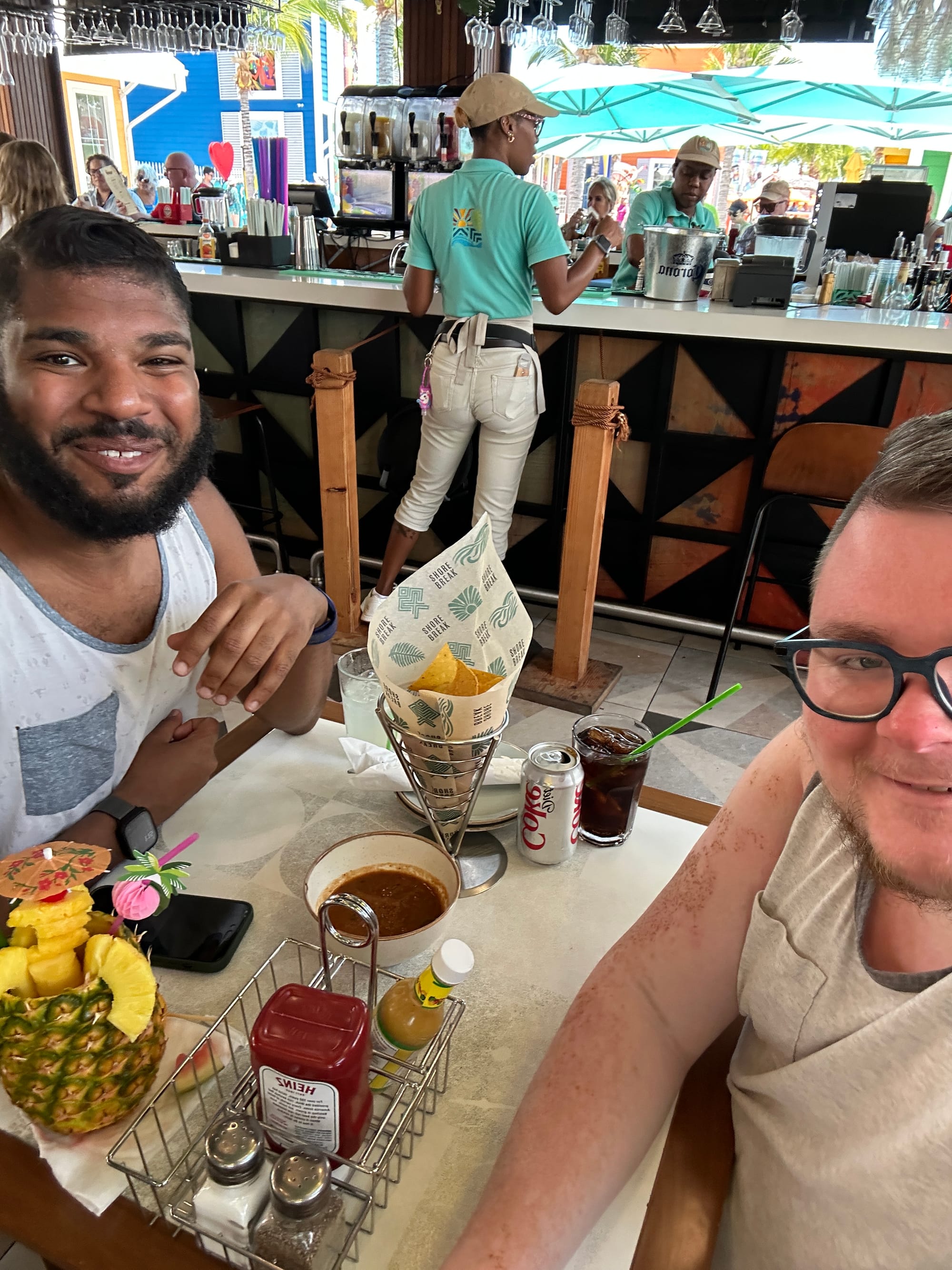 Two diners at "Shore Break" in the Bahamas