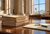 Conceptual public-records files and magnifying glass in a sunlit Southwest courthouse
