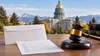 Unmarked ballot materials and judge's gavel with a softly blurred state capitol dome