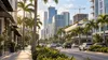 Palm-lined Florida business district with offices, storefronts, traffic and a construction crane