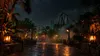 Illustrative nighttime Florida theme park walkway with palm trees, atmospheric fog and distant roller coasters.