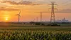 Power lines cross Illinois farmland with a wind turbine on the horizon.