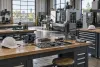 Empty advanced-manufacturing training workshop with workbenches, tools and safety equipment
