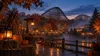 Conceptual autumn view of a wooden roller coaster above pumpkin decorations and warm pathway lights at dusk