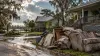 Illustration of a Louisiana neighborhood clearing water-damaged household materials after tropical-storm flooding.