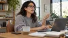 Woman wearing unbranded smart glasses speaks to a hands-free assistant beside an unused smartphone