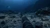 A symbolic armored communications cable crosses a cold Arctic seabed while a distant unmarked research submersible observes.