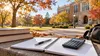 Illustrative public-university campus with study materials in warm morning light