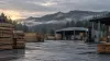 Quiet lumber yard beneath misty evergreen hills in Oregon at dawn
