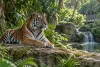 AI-generated editorial image of a Sumatran tiger resting in a lush, generic tropical habitat.