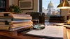A government review desk with case folders, a magnifying glass and checklist papers under a warm lamp.
