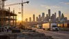 An unbranded Texas construction and logistics scene at dawn with freight vehicles, distant workers and a modern skyline illustrating statewide employment growth.