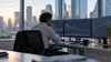An analyst studies market charts on unbranded monitors in a naturally lit financial office.