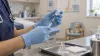 Gloved clinician prepares an unbranded vaccine vial in a pediatric exam room.