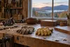 A woodworking bench with two pairs of gloves overlooking Vermont mountains in autumn.