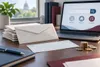 Editorial illustration of plain envelopes, a generic check, coins and an online property-search screen on an office desk.