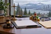 A symbolic legal desk with scales, a gavel, service blocks and a stethoscope before a rainy Pacific Northwest window.
