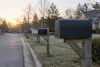 Unmarked residential mailboxes along a quiet neighborhood street at dawn