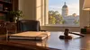 Illustrative state government office desk with a closed legal file and gavel