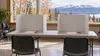 AI-generated editorial illustration of empty privacy screens in a generic community room with birch trees outside; not an actual Alaska polling site or voting event.
