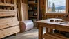 AI-generated illustrative view of lumber and insulation in a modest repair workshop; not a photograph of a Halong-damaged home or an Alaska recovery site.