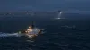 Illustrative predawn view of a search vessel and helicopter scanning dark ocean water near a distant coastline