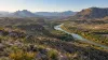 Wide view of the Rio Grande winding through rugged desert mountains in the Big Bend region of West Texas.