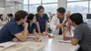 Medical students and a faculty member study anatomical models in a modern teaching laboratory, an AI-generated editorial image.