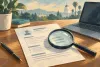 AI-generated conceptual résumé, laptop and magnifying glass; not an actual CalCareers screen, applicant record or hiring result.