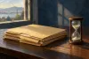 AI-generated conceptual illustration of plain closed folders and an hourglass; not an actual case file, courthouse or measure of case delays.