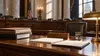 Empty congressional hearing room with legal files arranged at a witness table