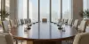AI-generated illustrative view of an empty conference room with an oval table, chairs and microphones.