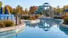A generic northern Illinois outdoor water park sits quiet on an October morning without confirmed operating dates.