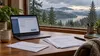 A home-office desk in Oregon with a laptop, blank tax documents, an envelope and a rain-streaked window.
