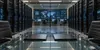 Two unsigned merger folders on a glass table between server banks in a modern cybersecurity operations center.