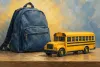 AI-generated conceptual illustration of an unbranded model school bus beside a backpack; not a real vehicle, school or incident.