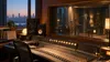 A professional recording studio with a mixing console and an empty vocal booth prepared for an R&B album session.