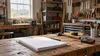 AI-generated illustrative view of an unoccupied small-business workspace with tools and blank paperwork; not a photograph of an actual West Virginia flood-damaged business.