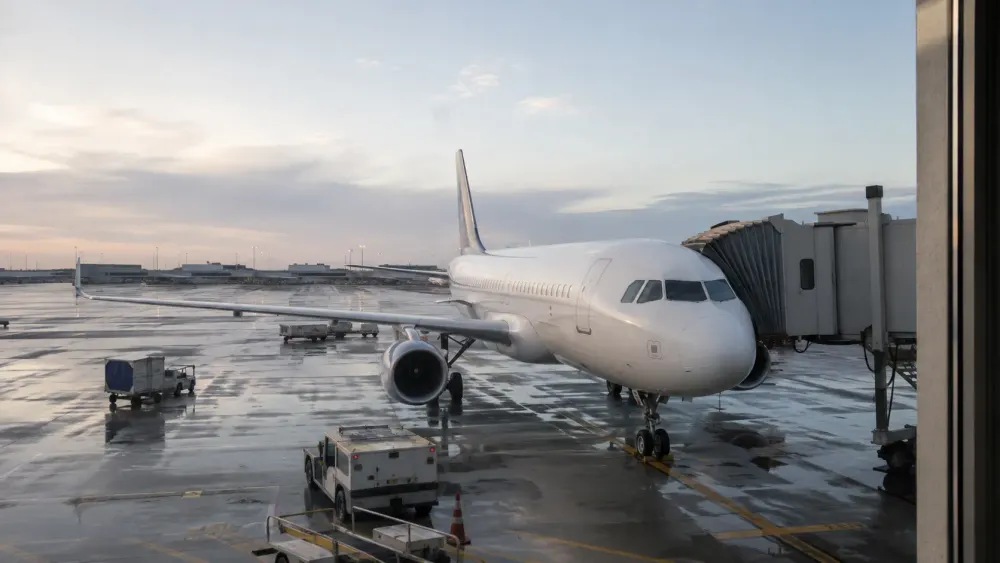 Unbranded narrow-body passenger aircraft at a major U.S. airport gate in early morning light.