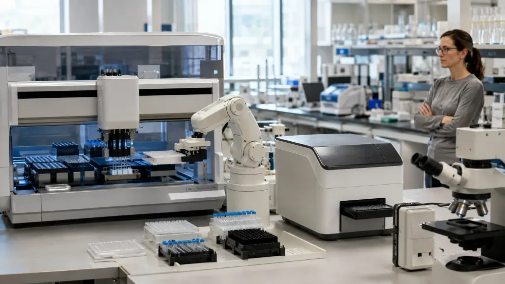 Automated liquid handler, robotic arm, plate reader and microscope in a modern laboratory under natural light