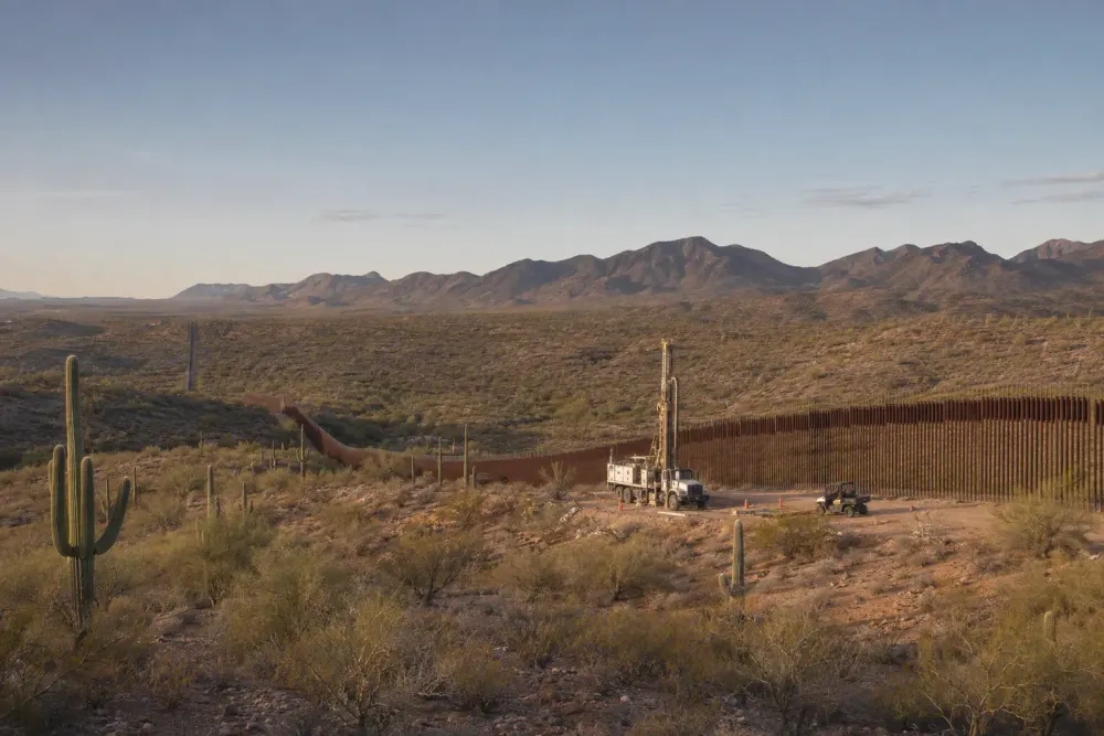 A soil-drilling truck beside steel border bollards in the Sonoran Desert of southern Arizona