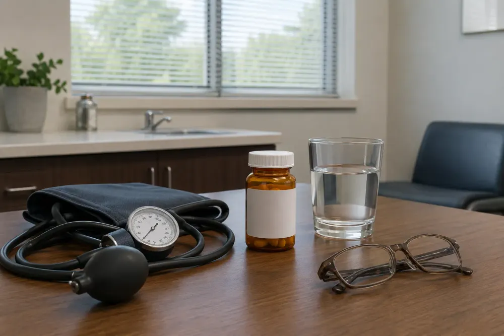 An unbranded medication bottle, blood pressure cuff, water glass and reading glasses in a primary care consultation room