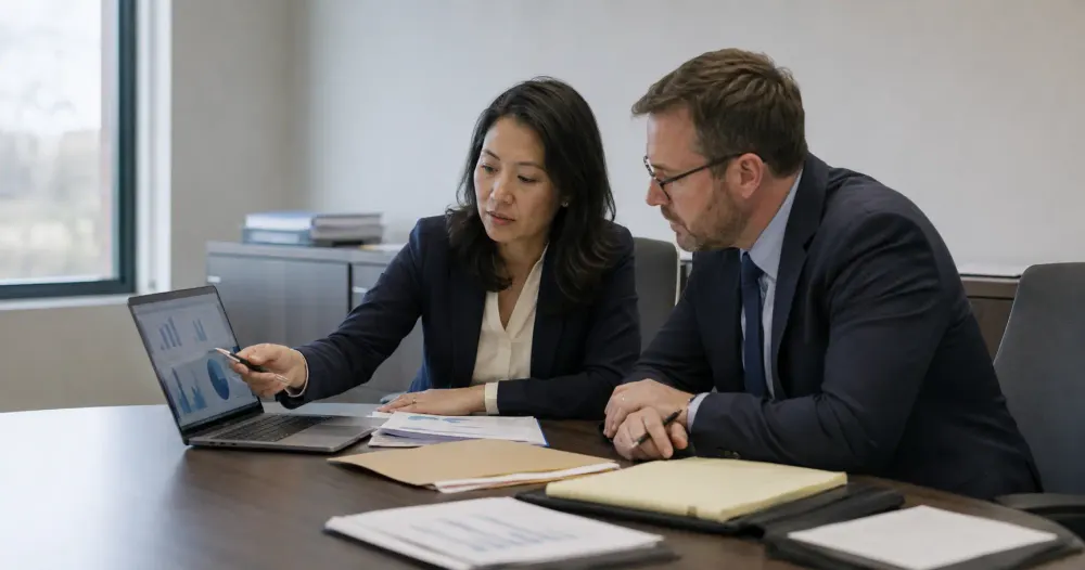 Two bank examiners review generic financial charts together in a neutral office