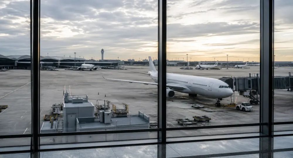 Unbranded passenger aircraft parked at a large international airport under soft morning light