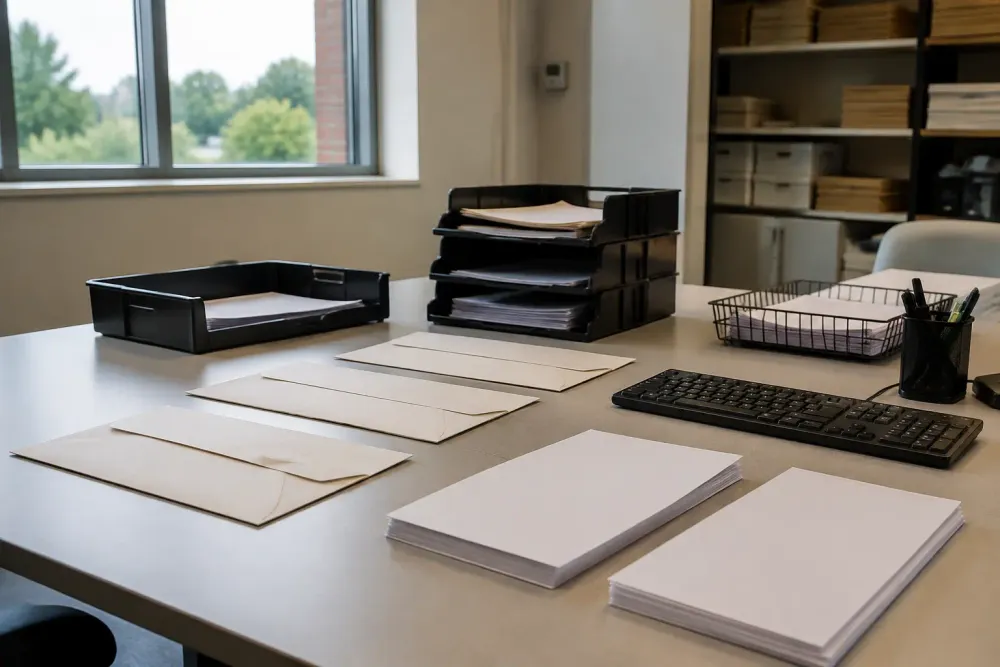 Unmarked envelopes and blank paper forms arranged on a county election office worktable