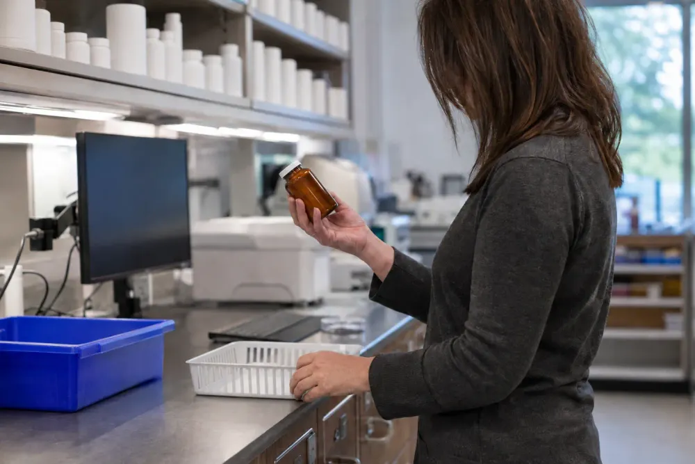 An oncology pharmacist examines an unmarked amber medication bottle in a hospital pharmacy