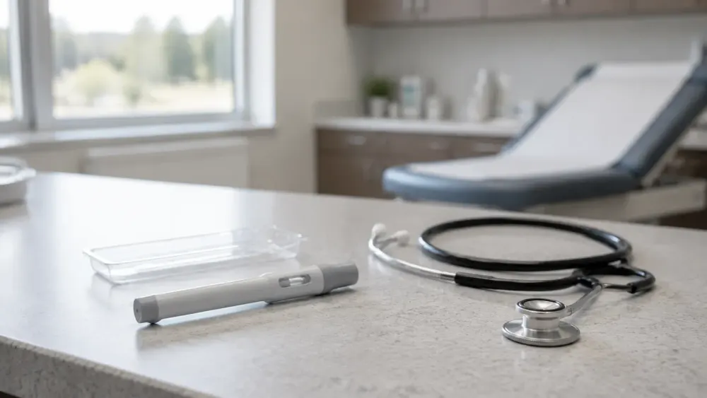 An unbranded prefilled injection pen beside a stethoscope on a sunlit outpatient clinic counter