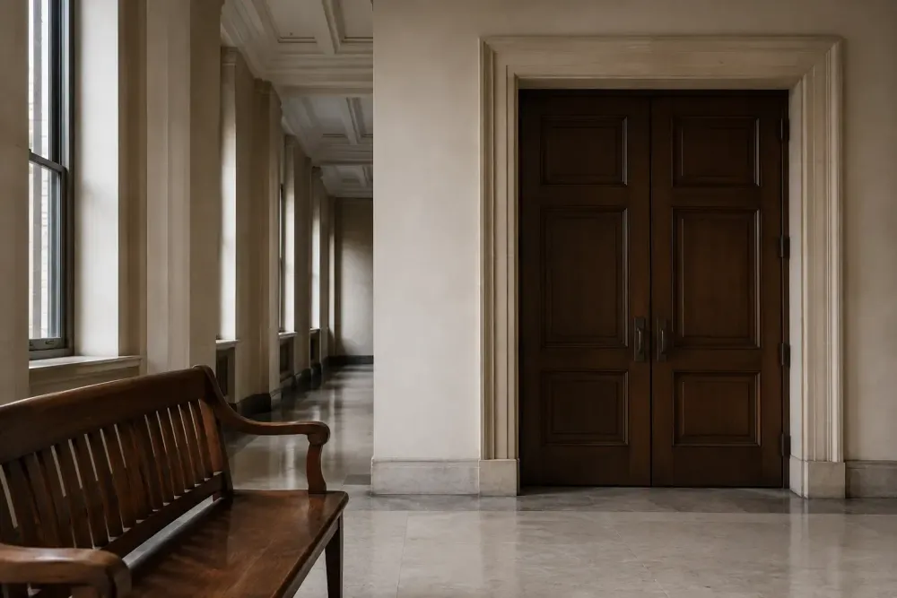 An empty courthouse corridor with a wooden bench and closed dark-wood courtroom doors in natural morning light
