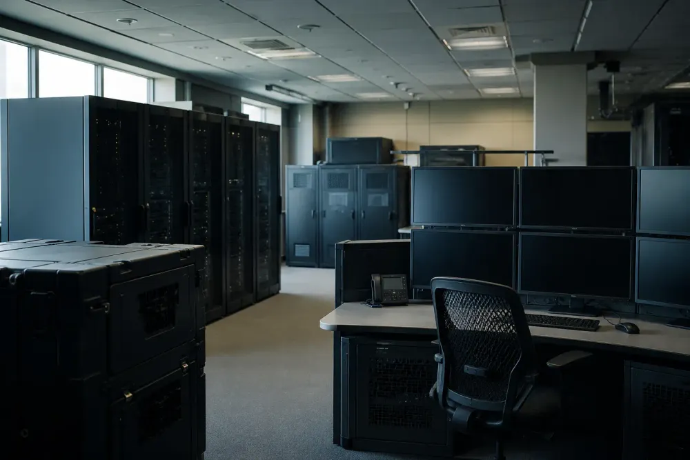 Unbranded secure technology operations room with server cabinets and empty workstations