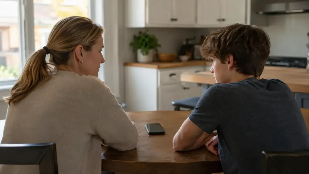 A parent and teenage child discuss smartphone use at a kitchen table in natural afternoon light.